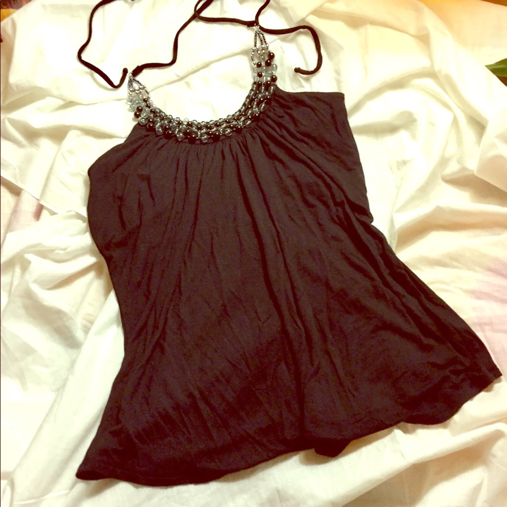 🍌 Sexy Black Halter with Beaded Neckline